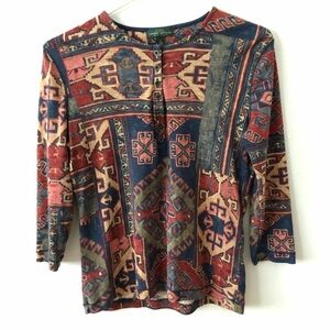 Lauren Ralph Lauren Aztec Henley 3/4 sleeve cotton top Southwestern Size Smalll